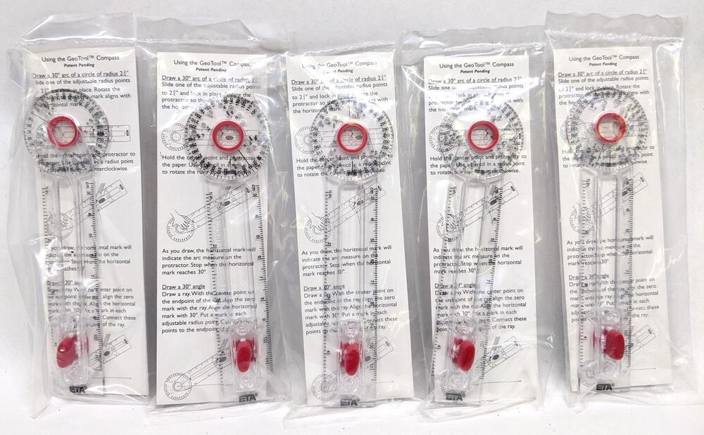Lot of 5 - New Geotool Classroom Safety Compass / Protractors for Math Geometry